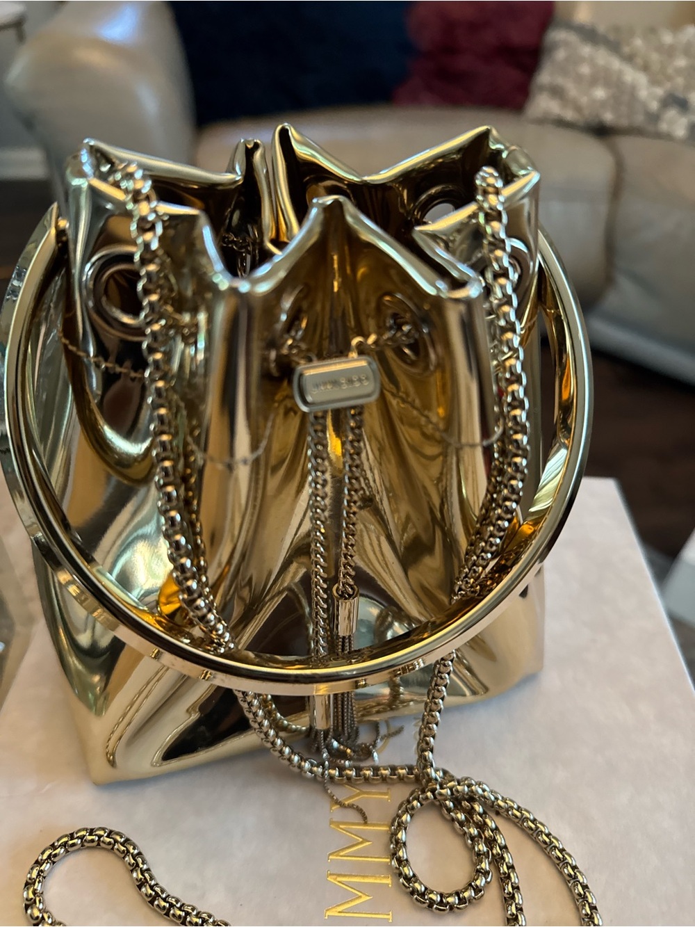 Jimmy Choo Gold Metallic Mini Drawstring Bucket Bag - Picture 8 of 13